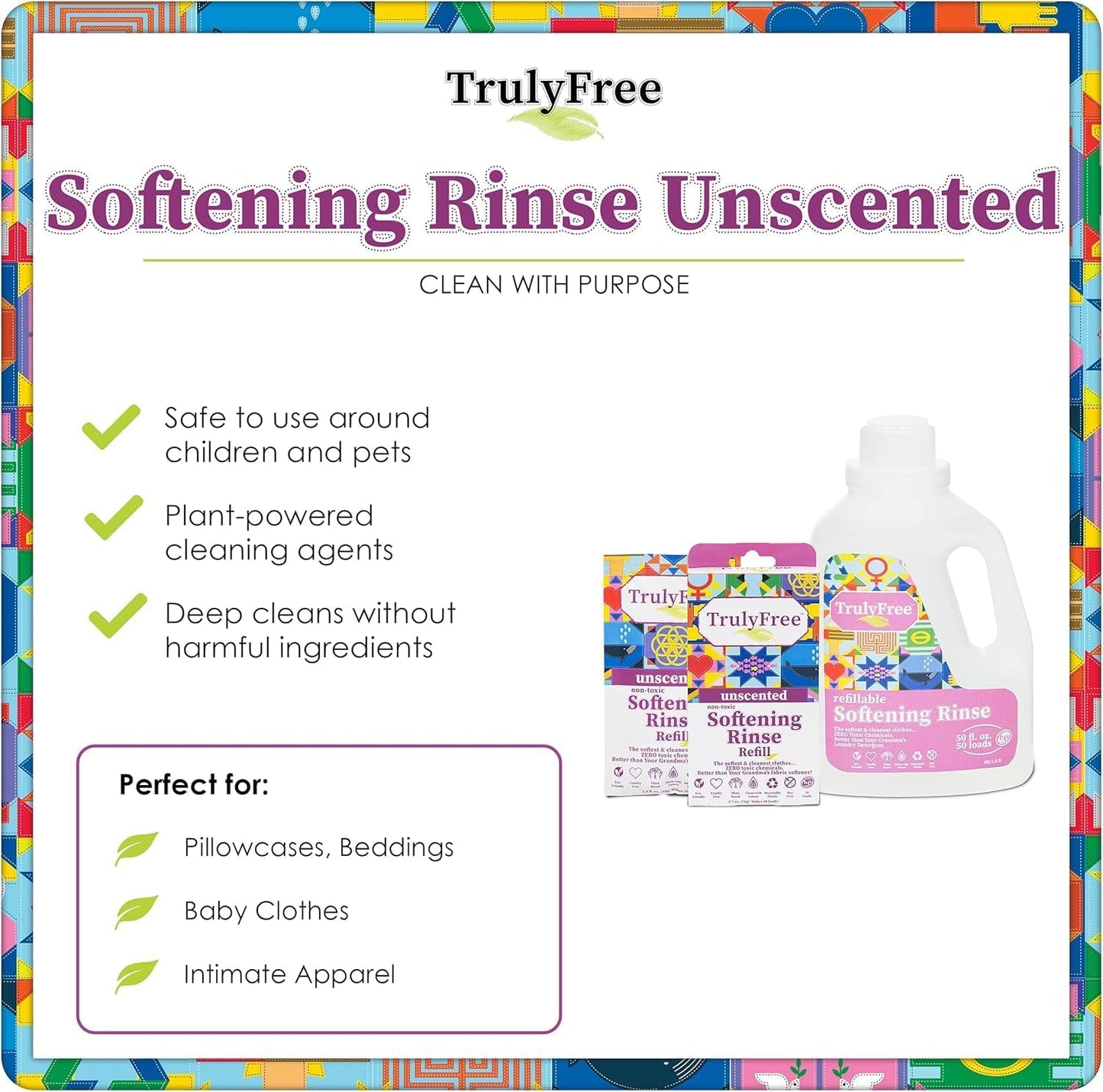 Truly Free Fabric Softening Conditioner for Clothes| Safe for Babies & Kids with Sensitive Skin | Plant-Based | Includes 4 Refills | Unscented Rinse(200 Loads)