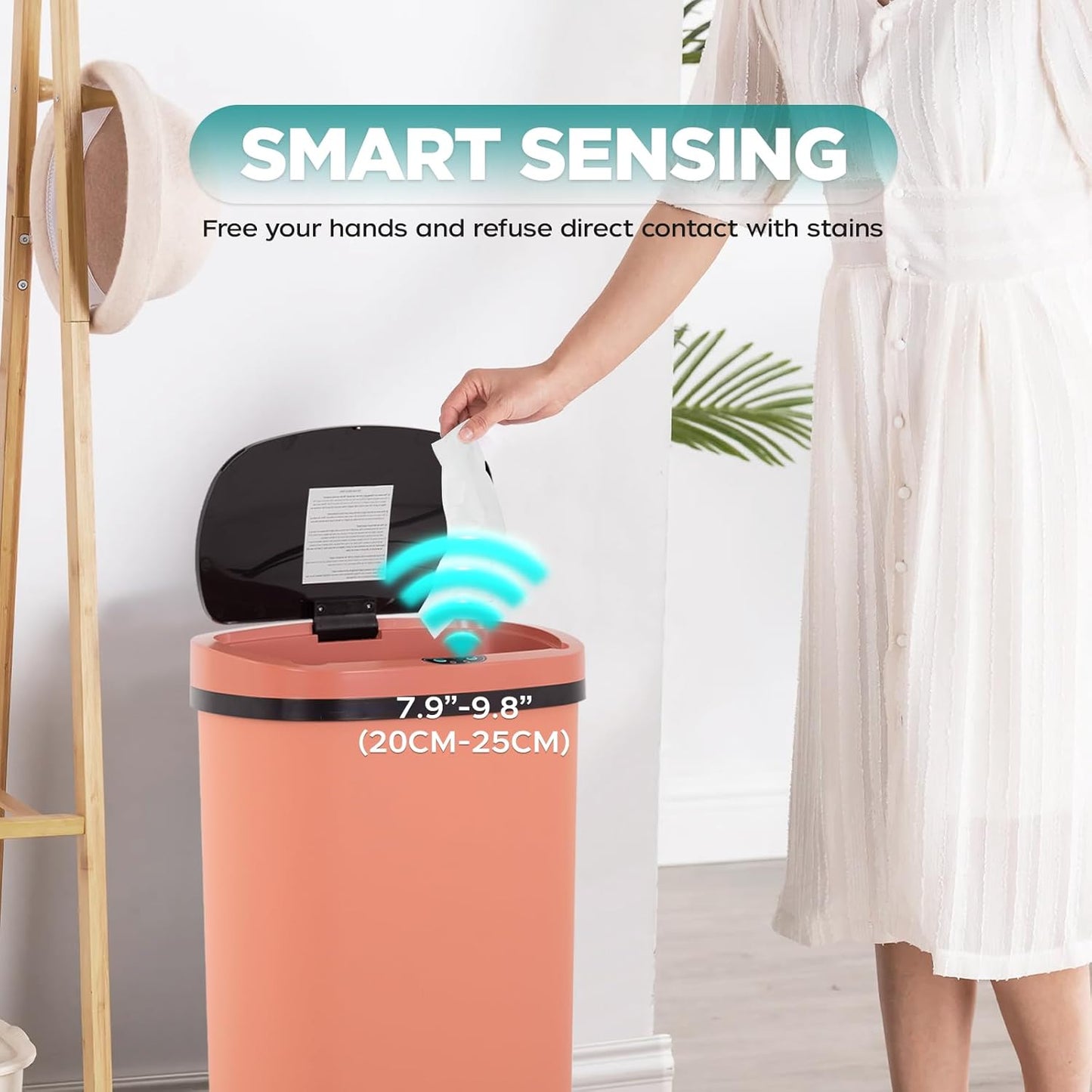 Automatic Motion Sensor Bathroom Trash Can with Lid, 13 Gallon Touchless Trash Bin, Smart Dog Proof Garbage Can, Touch Free Waste Basket for Toilet, Office, Bedroom,Pink