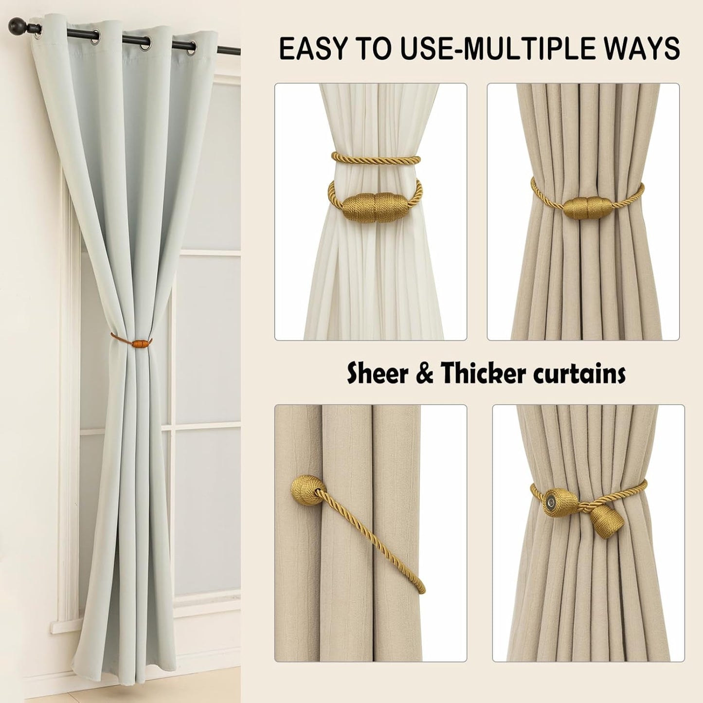Magnetic Curtain Tiebacks Rope Curtain Tie Backs for Curtains 6 Pack Curtain Holders for Drapes Decorative Window Curtain Holdbacks, Gold