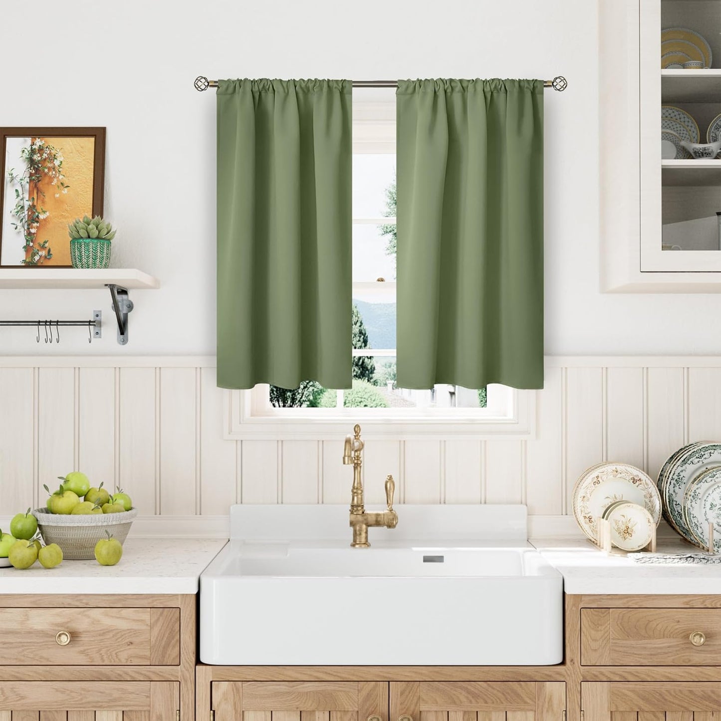 BGment Olive Green Short Curtains 40 Inches Long for Kitchen Cafe Window - Small Half Window Drapes with Rod Pocket Darkening Privacy for Bedroom Bathroom, 34 x 40 Inch, 2 Panels