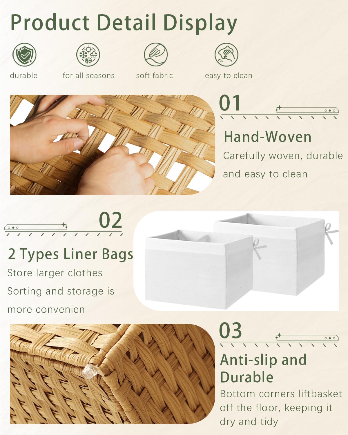 Storage Basket with Lid Rattan Woven Storage Baskets with 2 Separate Lids, 17.2 Gallon (65 L), 22 x 13 x 13.8 Inches,Foldable, 2 Removable Liner Bags Handles for Bedroom, Laundry Room Natural