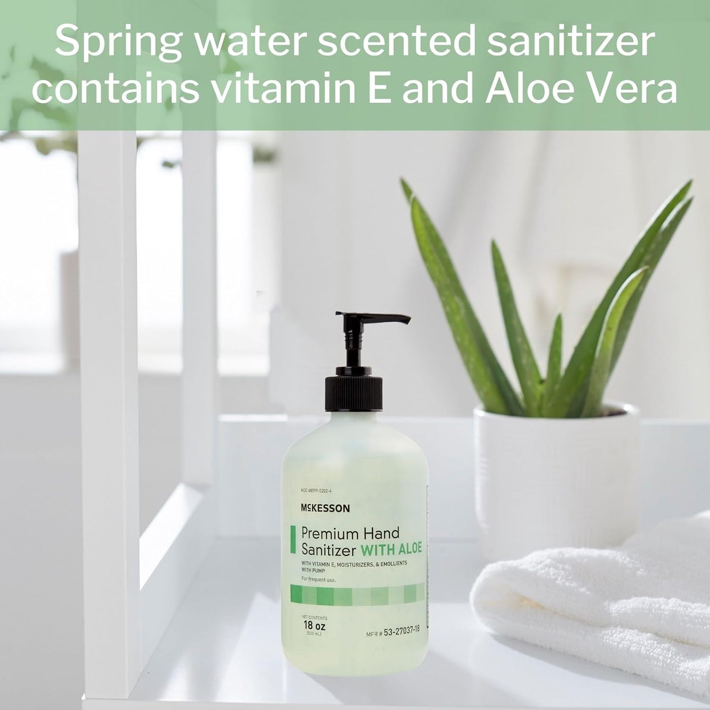McKesson Hand Sanitizer with Aloe, 18 oz Pump Bottle [Pack of 3] - 70% Ethyl Alcohol, Spring Water Scent, No-Rinse Sanitizing Gel with Vitamin E and Moisturizers, Medical-Grade