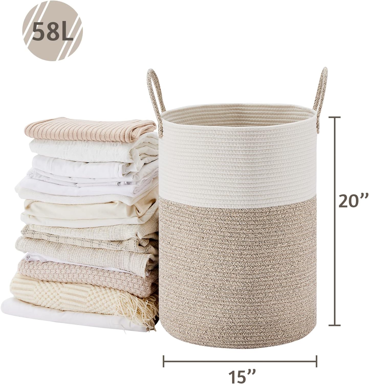 VIPOSCO Large Laundry Hamper, Tall Woven Rope Storage Basket for Blanket, Toys, Dirty Clothes in Living Room, Bathroom, Bedroom - 58L White & Brown