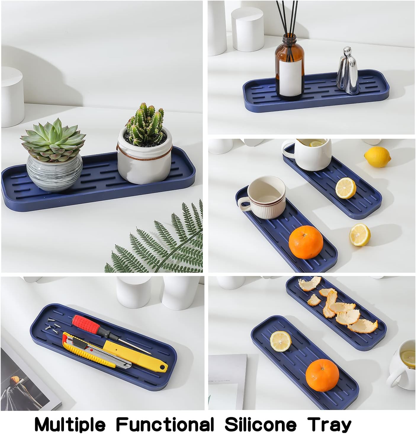 Silicone Kitchen Sink Organizer Tray for Multiple Usage,Eco-Friendly Sponges Holder for Kitchen Bathroom Counter or Sink,Dish Soap Dispenser,Scrubber,Bottle,Cup (Navy Blue, 12"×4")