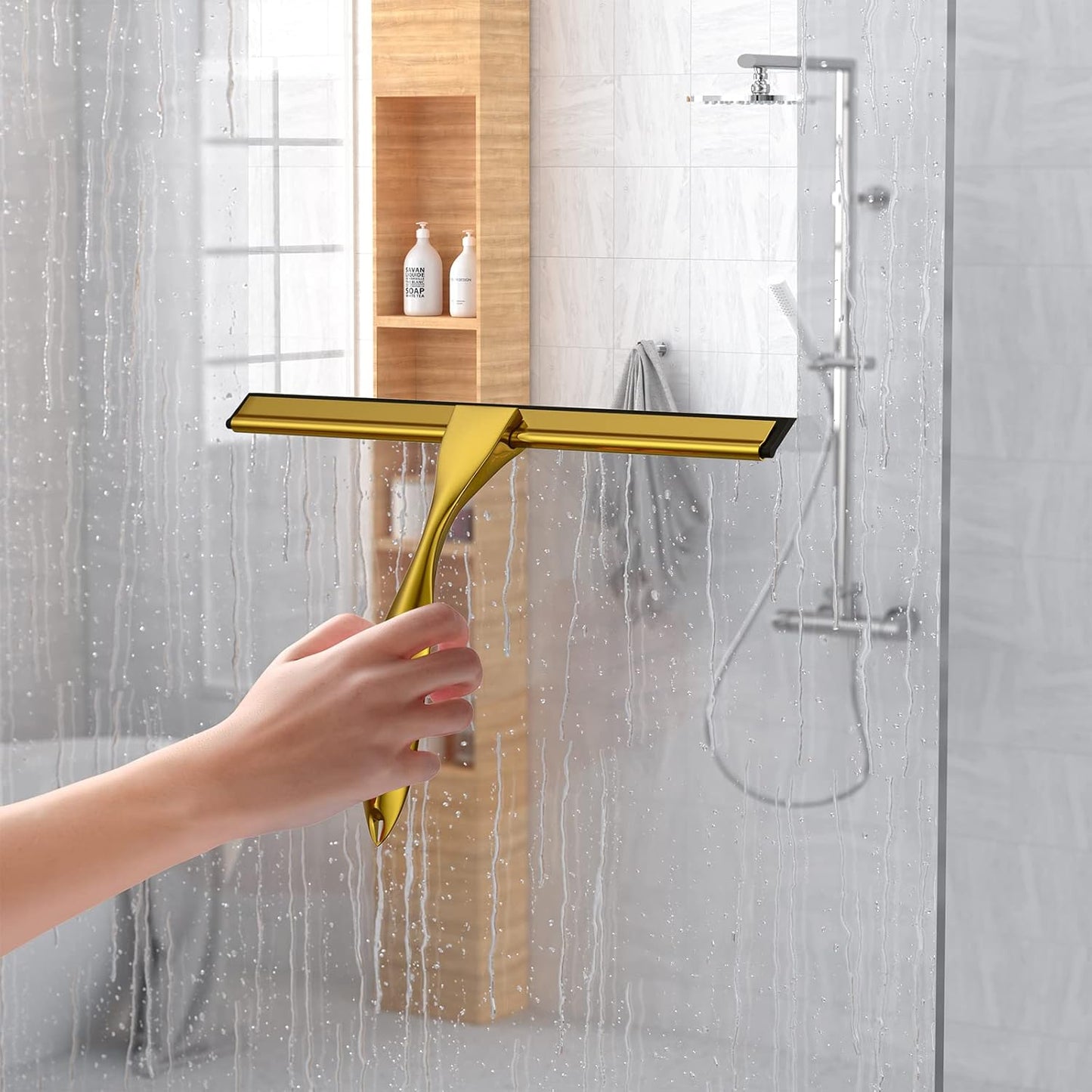 Shower Squeegee for Glass Door 12-Inch Stainless Steel Bathroom Squeegee Window Wiper, with Shower Door Hook, Adhesive Hook, and Spare Silicone Blade for Window Mirror Car All-Purpose Squeegee