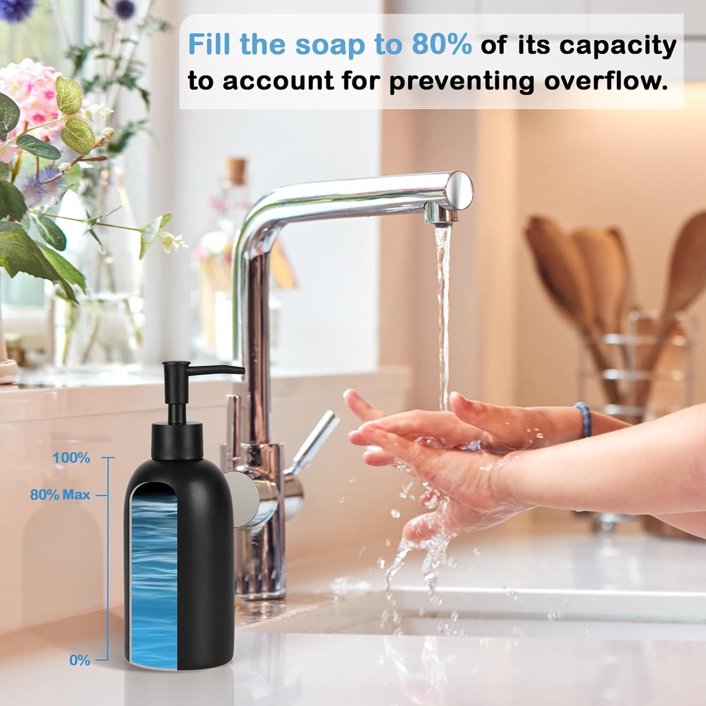 Natheeph 14OZ Ceramic Soap Dispenser Ceramic Soap Pump Dispenser Can Fill Liquid for Bathroom/Kitchen (Black)