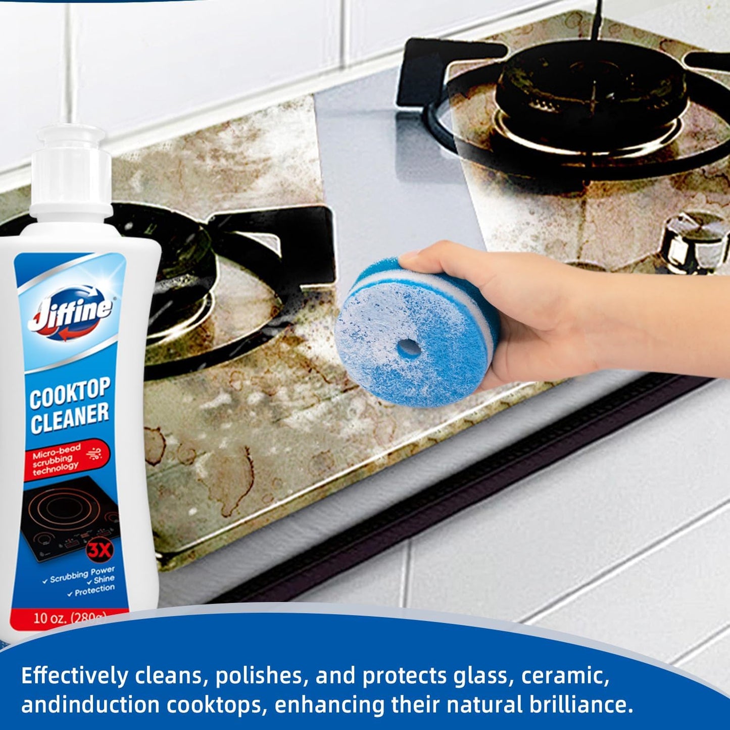 Glass Cooktop Cleaner Kit & Polish - 10 oz Stove Top Cleaner with Scrubbing Pad, Scraper & Microfiber Cloth - Removes Burnt-On Food, Tough Stains, No Scratches, Streak-Free Shine
