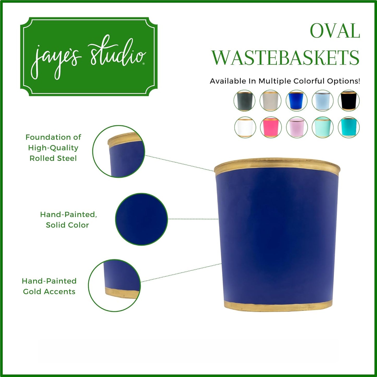 Jaye's Studio Decorative Waste Basket for Bathroom Trash Can Wastebasket, Oval Metal Trash Bin for Bedroom, Office, Blue Garbage Can for Dorm, Blue Trash Can Gold Office Decor, 12" x 10" x 8"