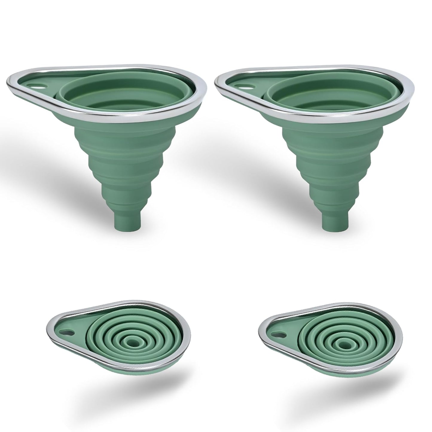 New Upgraded Small Silicone Collapsible Funnel Set with Stainless Steel Rim, 2 Pack Kitchen Gadgets Accessories for Filling Bottles,Dry & Liquid Ingredients
