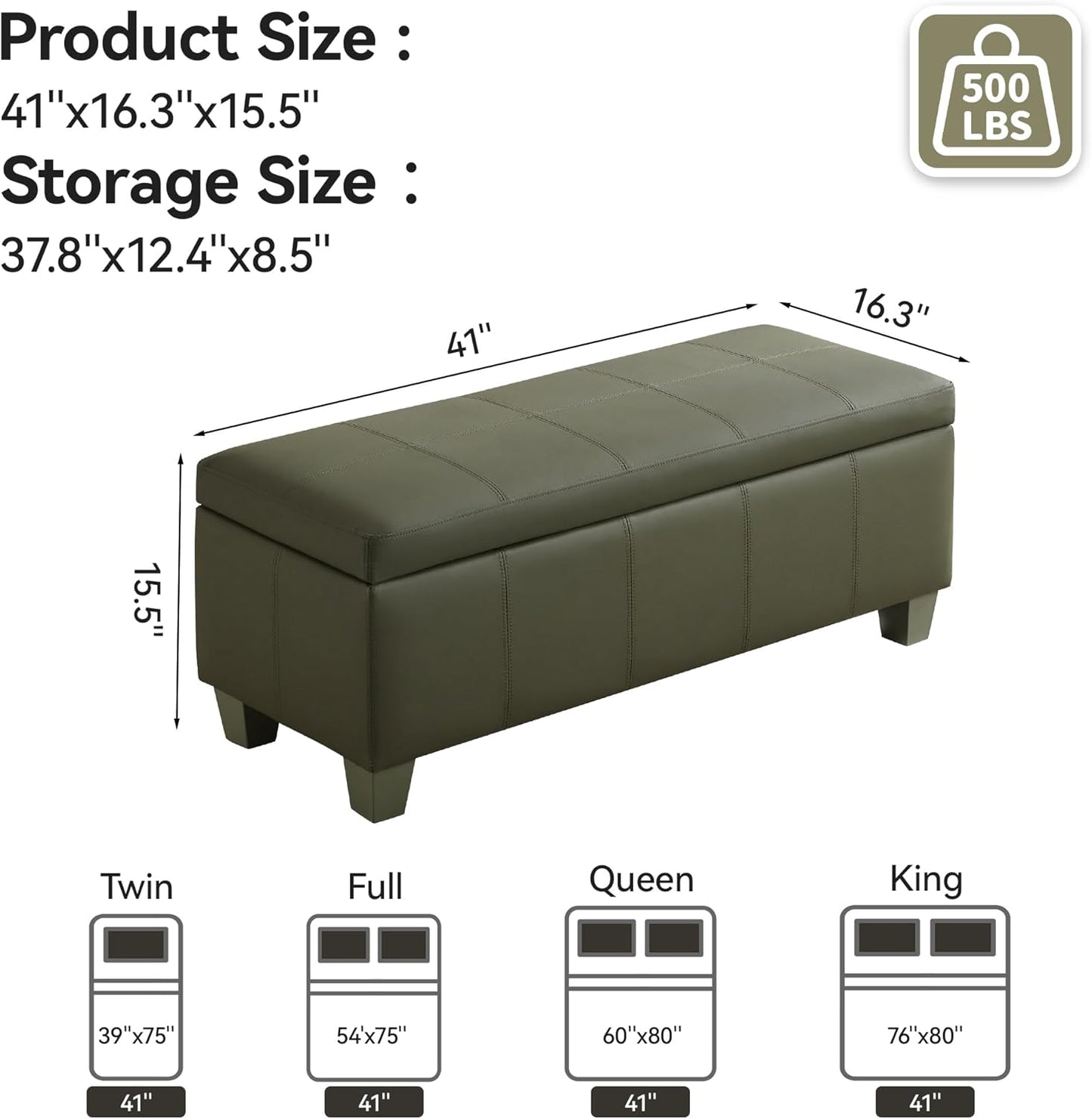 41" Faux Leather Storage Ottoman, Stitch Tufted Rectangle Upholstered End of Bed Storage Bench, Entryway Large Couch Ottoman with Wooden Legs,Green