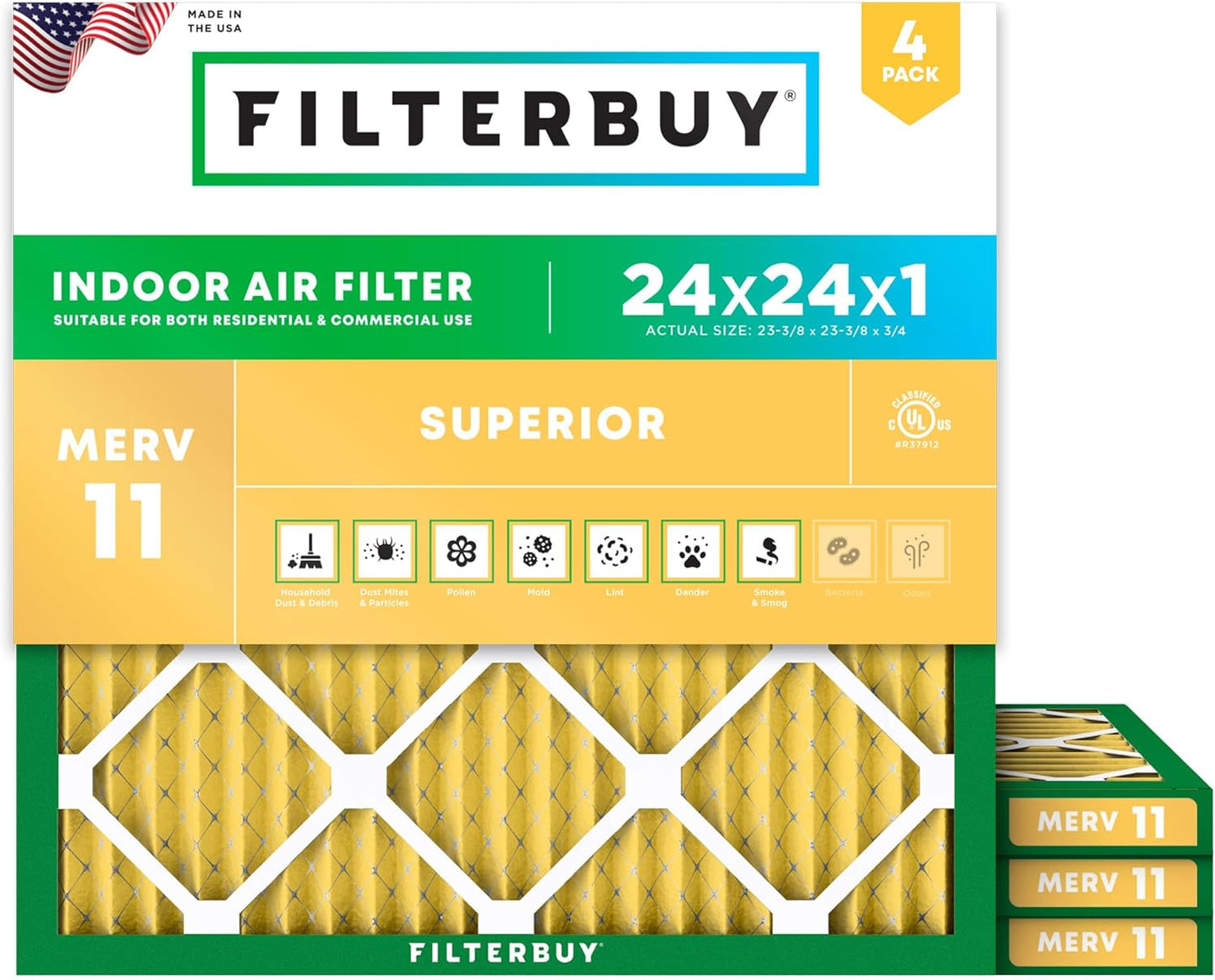 Filterbuy 24x24x1 Air Filter MERV 11 (MPR 1200) Allergen Defense Replacement (4-Pack), Electrostatic Pleated HVAC AC Furnace Filters, Made in USA (Actual Size: 23.38 x 23.38 x 0.75)