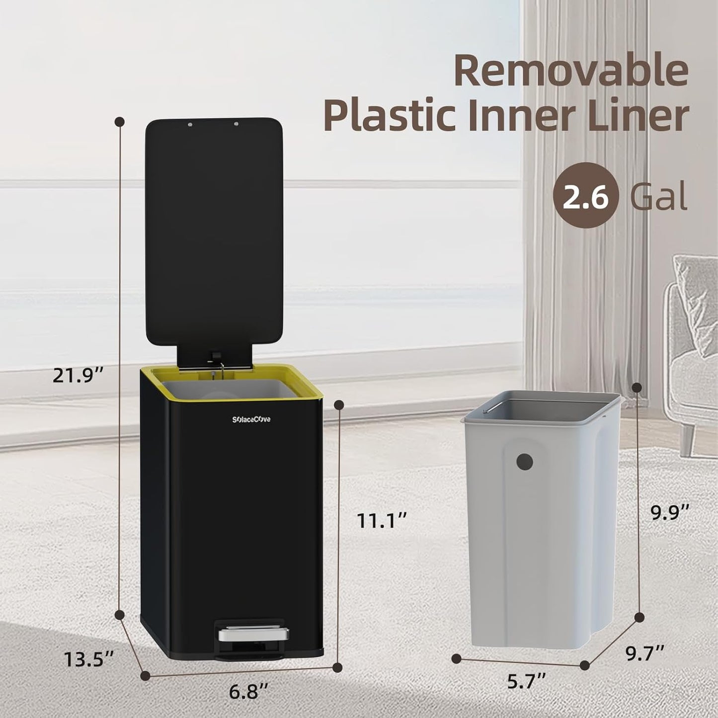 Bathroom Trash Can with Lid,2.6Gal Stainless Steel Office Trash Can,Small Garbage Can with Removable Inner Bucket for Kitchen,Office,Bedroom(Black)