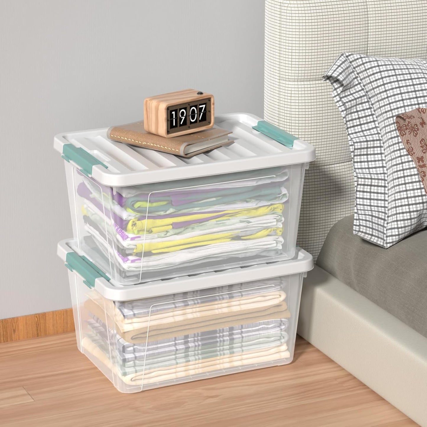 Zopnny 6-Pack 35 Quart Plastic Latch Storage Box with Lid, Stackable Latching Storage Bin, Clear