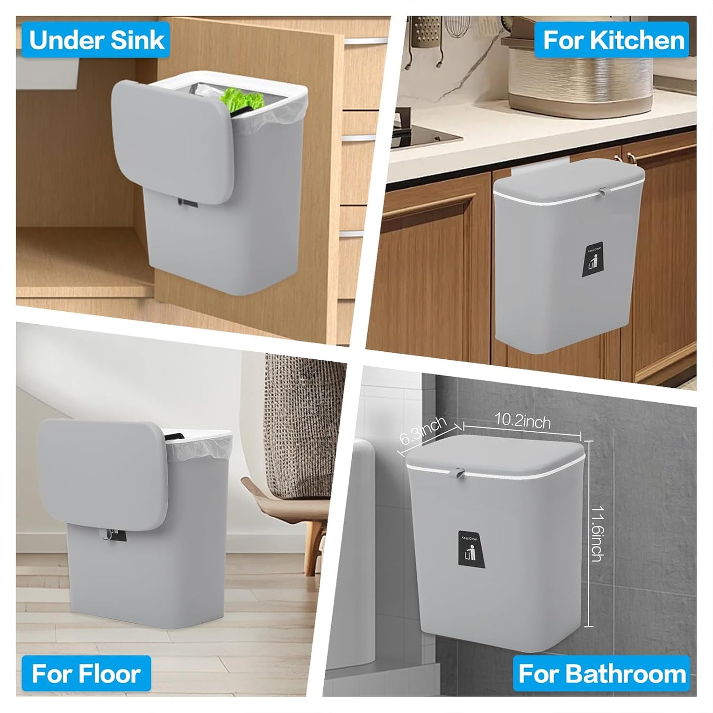 Compost Bin for Kitchen -2.4 Gallons/9L Trash Can for Under Sink,Hanging Small Trash Can with Lid for Bathroom/Bedroom, Indoor Compost Bucket (Grey)