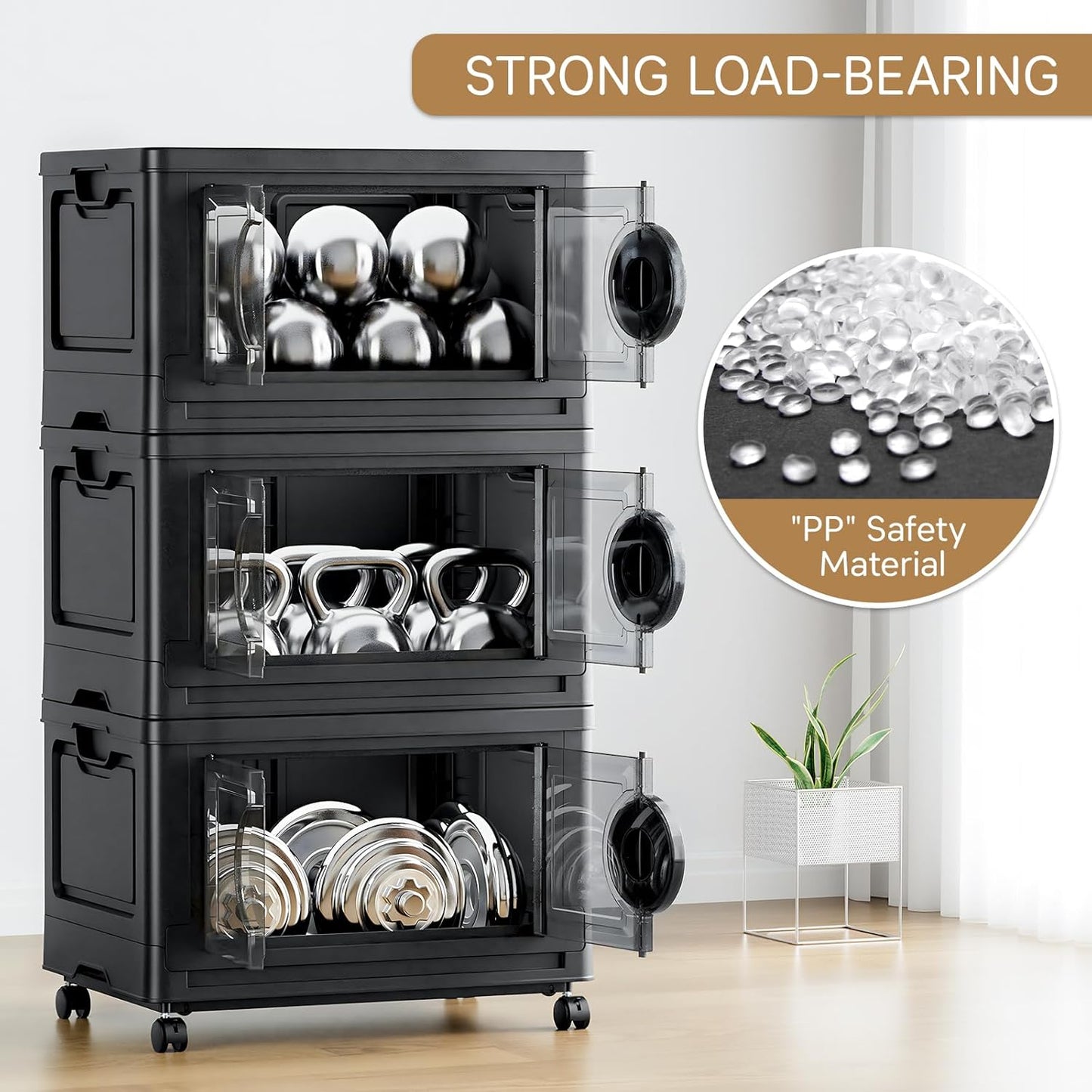 JEKO&JEKO 332Qt Lockable Stackable Storage Bins with Lids, Collapsible Closet Organizer with Wheels, Plastic Cabinet Drawer for Clothes, Dorm Room 4 Pack (Black)