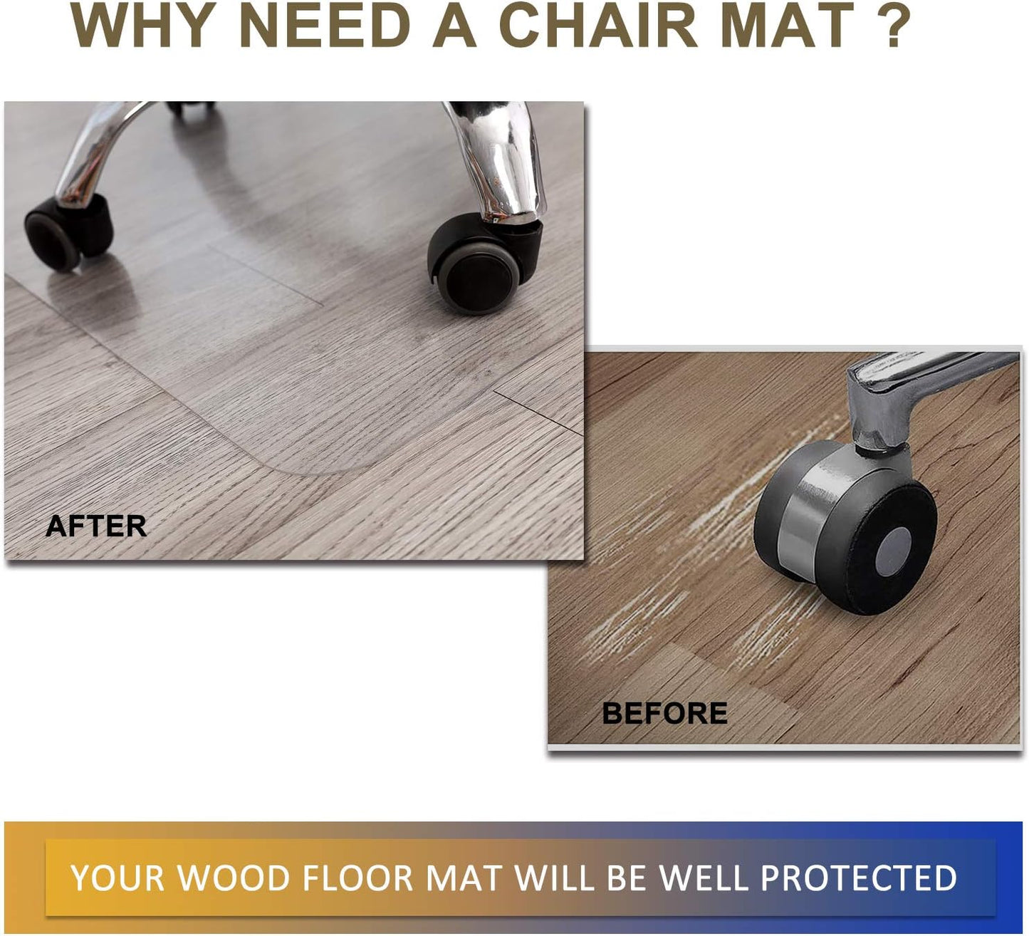 Office Chair Mat for Hardwood Floor, 48”x 36” Vinyl Desk Chair Mat Clear Floor Protector Mat for Rolling Chair Office & Home, Easy Glide and Flat Without Curling