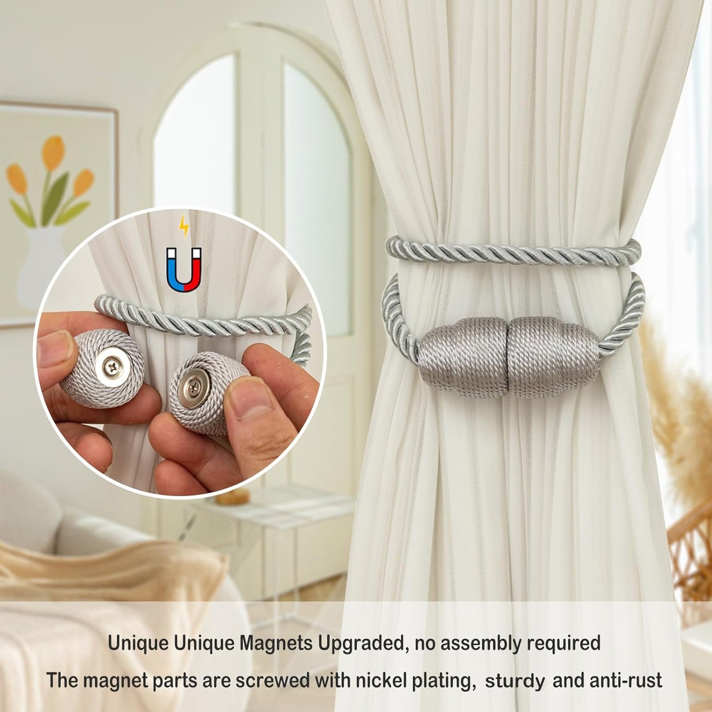 Magnetic Curtain Tiebacks Rope Curtain Tie Backs for Curtains 4 Pack Curtain Holders for Drapes Decorative Window Curtain Holdbacks, Grey