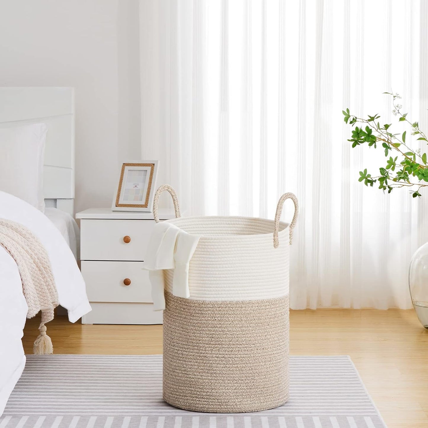 VIPOSCO Large Laundry Hamper, Tall Woven Rope Storage Basket for Blanket, Toys, Dirty Clothes in Living Room, Bathroom, Bedroom - 72L White & Brown