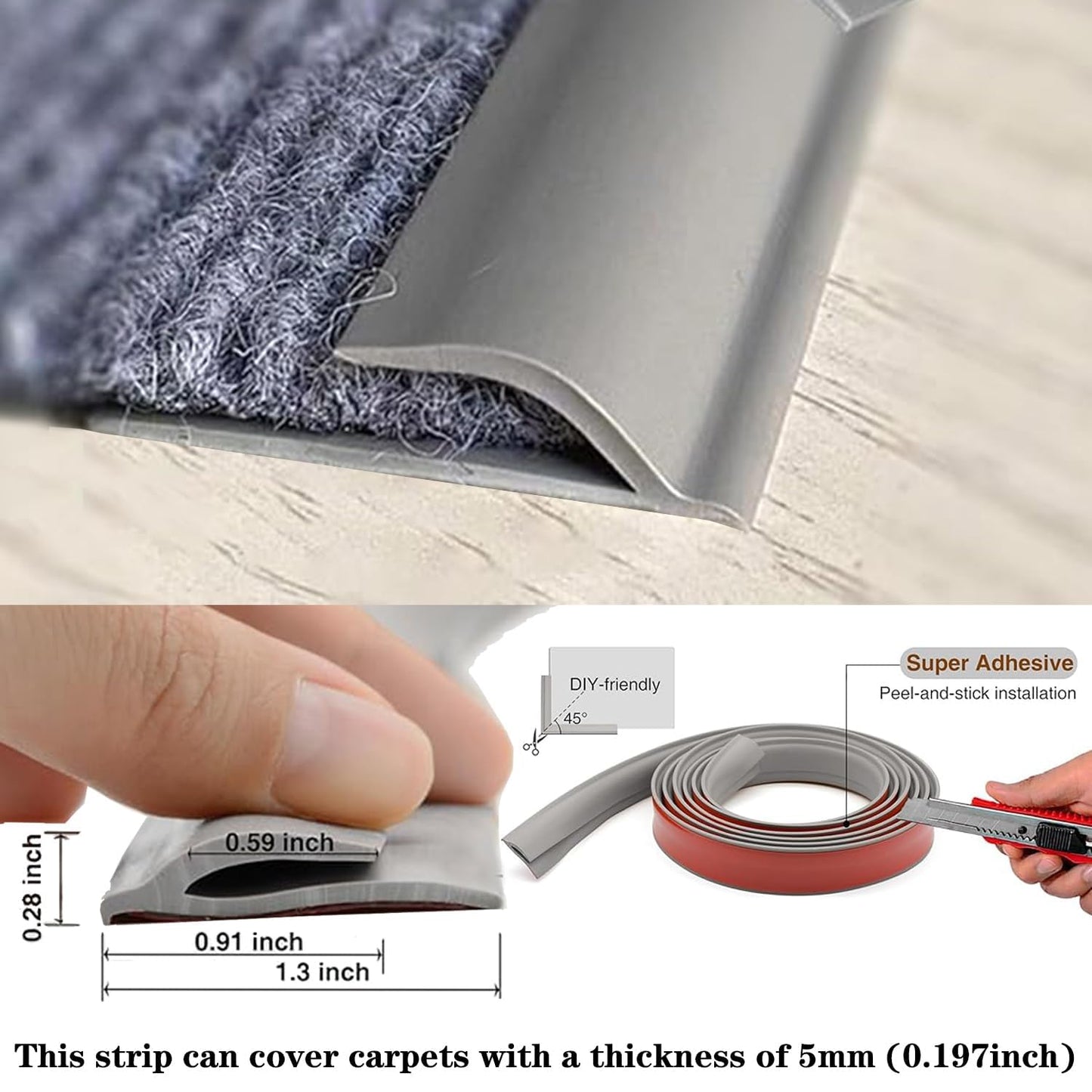 Self Adhesive Carpet Transition Strip with Edge Trim, Designed for Seamless Transitions from Carpet to Tile or Vinyl Floors, Perfect for Doorways.(Gray,40ft)