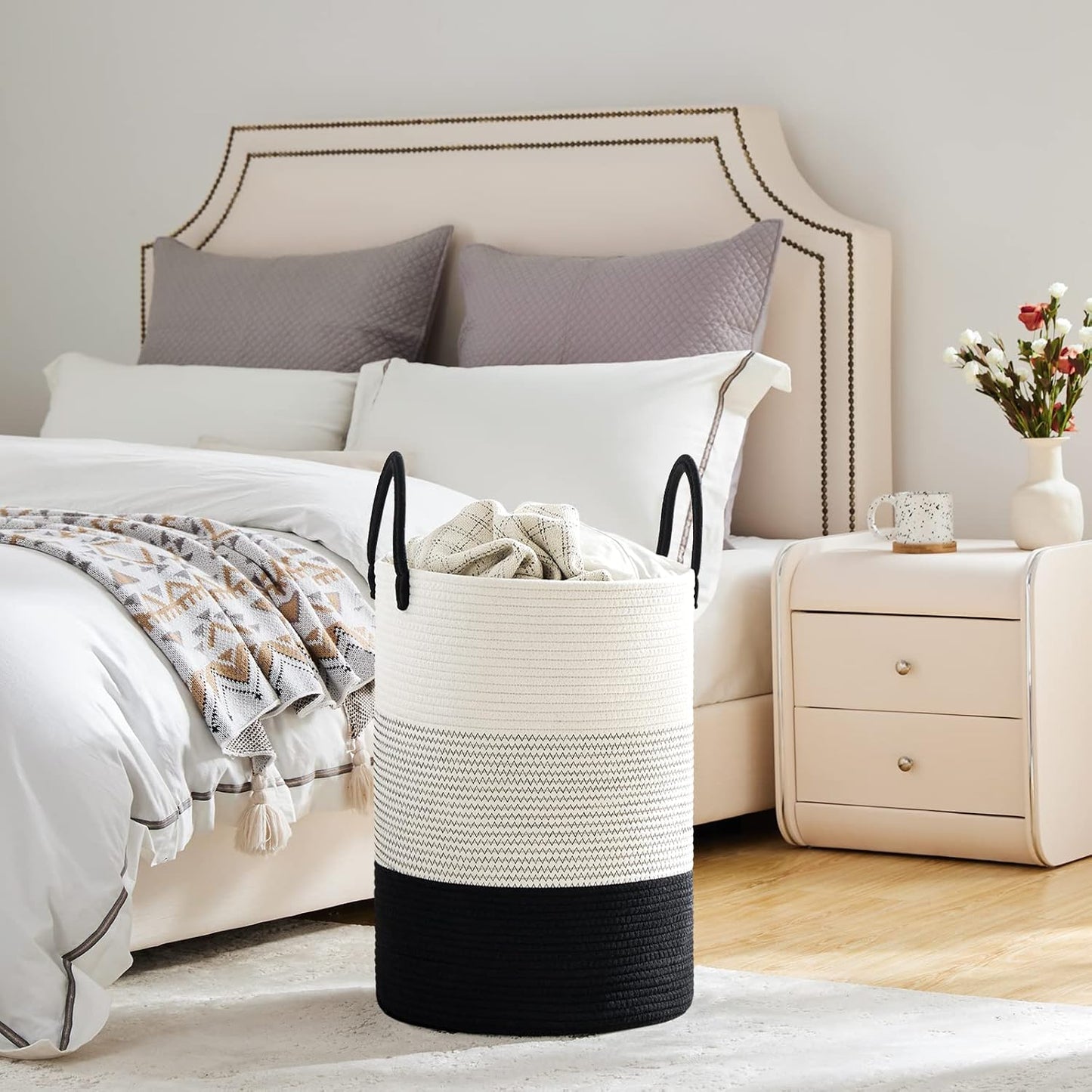 VIPOSCO Large Laundry Hamper, Tall Woven Rope Storage Basket for Blanket, Toys, Dirty Clothes in Living Room, Bathroom, Bedroom - 72L White & Black