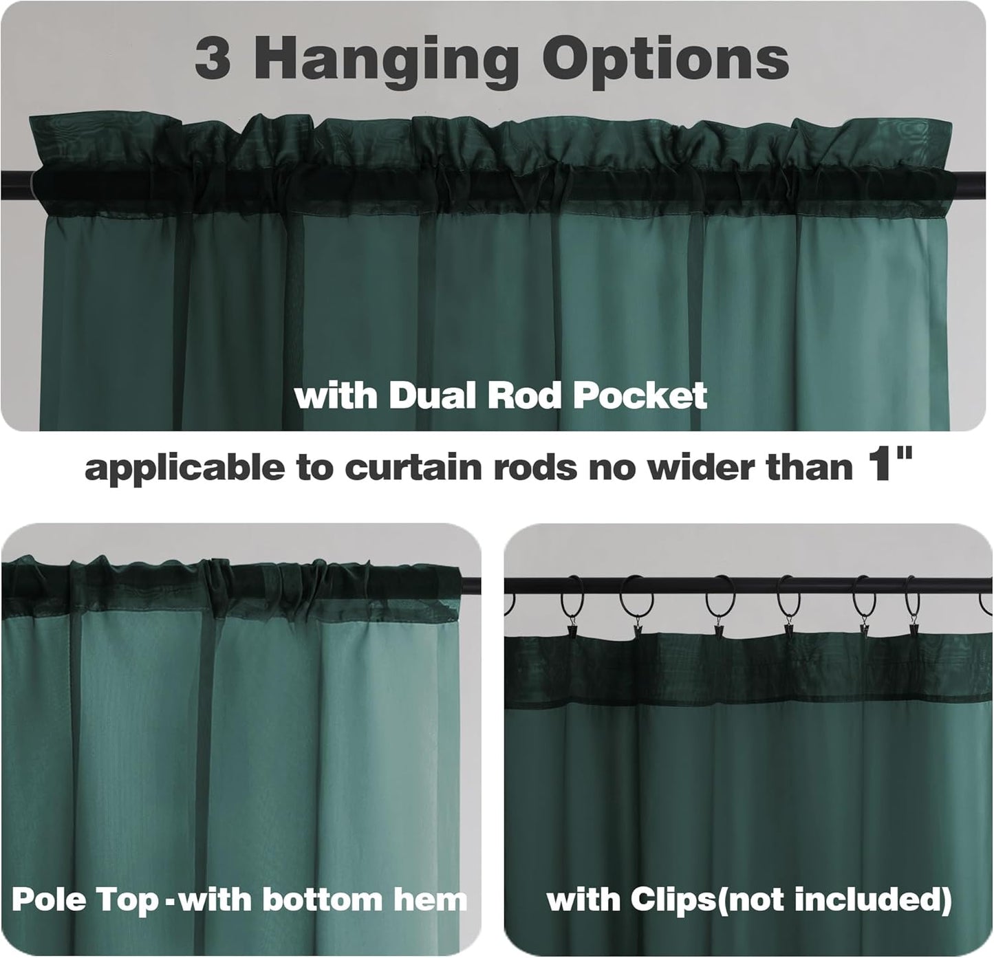 Chyhomenyc Sheer Valances for Windows 2 Pack, Small Window Curtains for Living Room Bathroom, Modern Top Dual Rod Pocket Basement Curtains for Small Window, 42Wx14L inches, 2PCS, Hunter Green