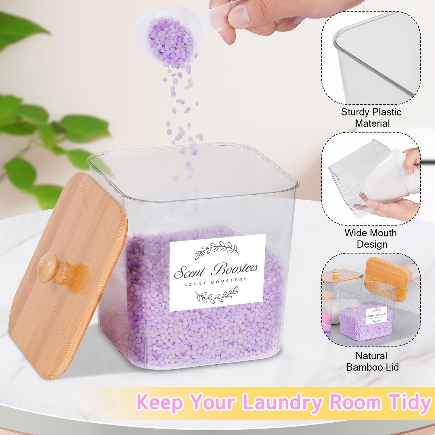 efluky 4 Pack Laundry Pods Container & Dryer Sheet Holder Set,Clear Laundry Room Organization Containers with Bamboo Lids and Labels,Laundry Pods Holder for Scent Booster,Powder,Pod