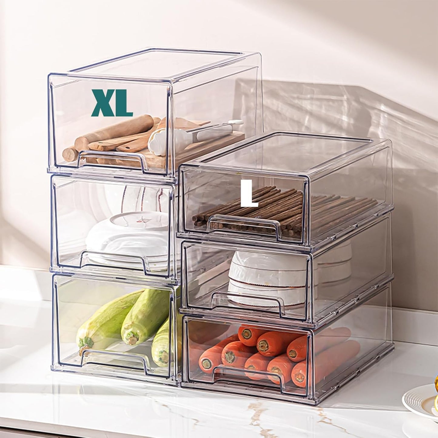 PeJeyiee Clear Stackable Refrigerator Organizers and Storage Drawers - Pull-Out Fridge Bins with Anti-Slip Base & Easy Clean, Plastic Organizers for Kitchen Pantry Cabinet Closet ﻿ (2XL)