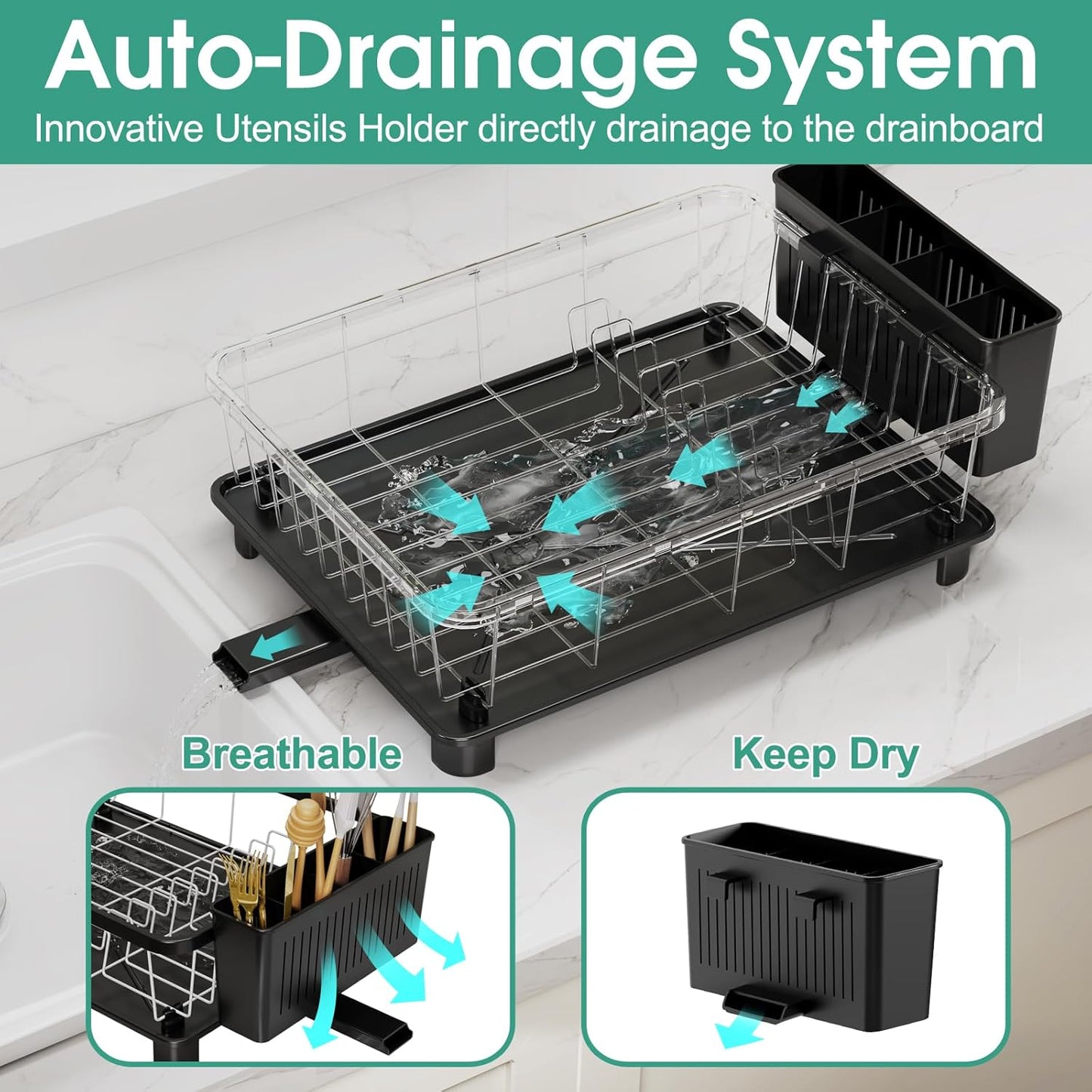 Dish Drying Rack - Space-Saving Dish Rack,Dish Racks for Kitchen Counter with Drainboard, Rustproof Dish Drainer with a Removable 4-Compartment Utensil Holder,Black-White