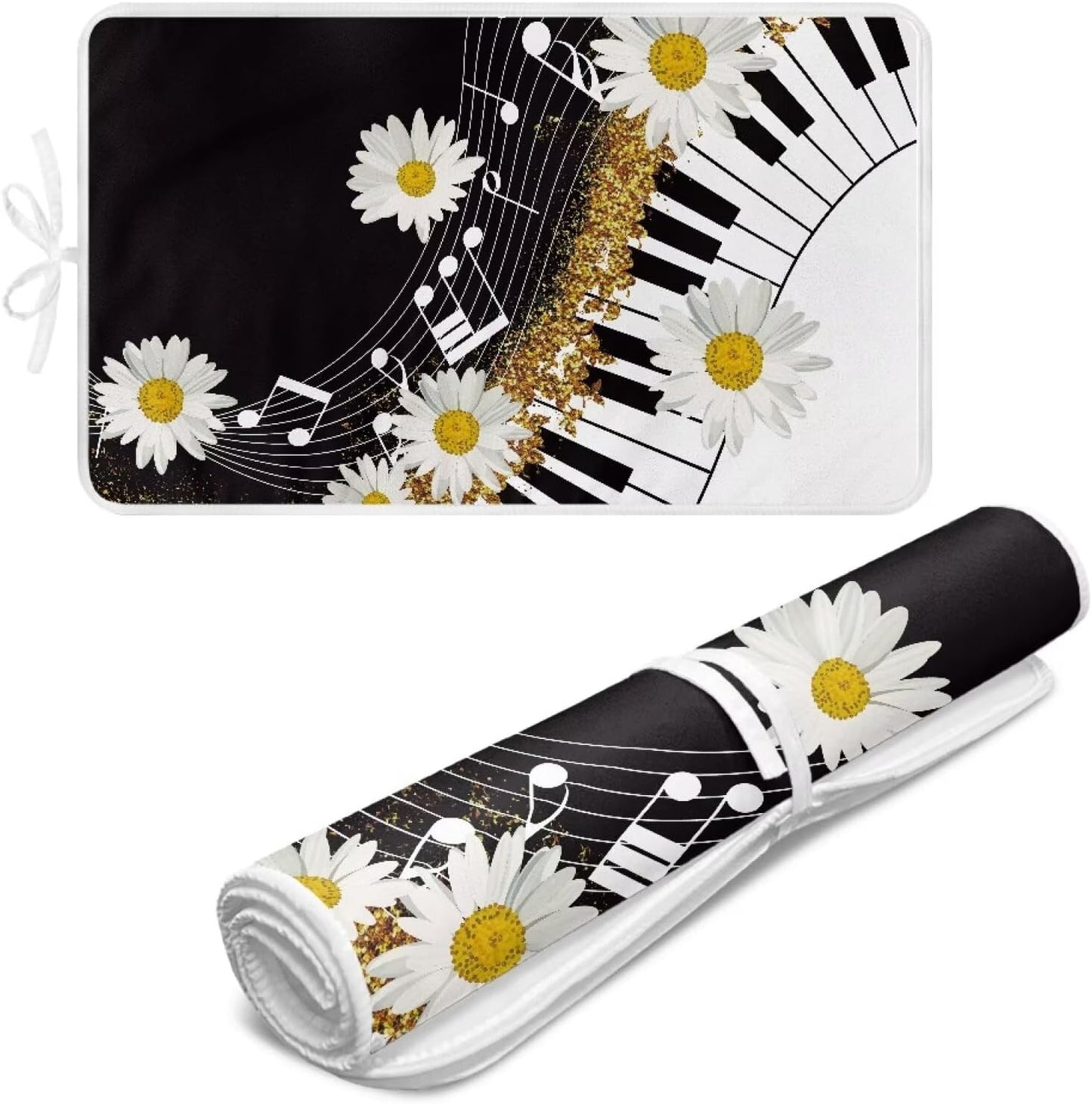 Music Ironing Pad Ironing Blanket Thick Travel Iron Pad Heat Resistant Ironing Board Cover for Table Top, Washer, Dryer,32 x 16 Inch Ironing Mats,Black Piano Daisy