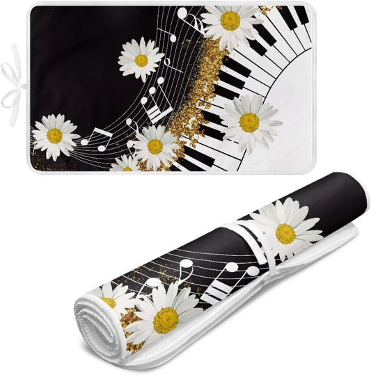 Music Ironing Pad Ironing Blanket Thick Travel Iron Pad Heat Resistant Ironing Board Cover for Table Top, Washer, Dryer,32 x 16 Inch Ironing Mats,Black Piano Daisy