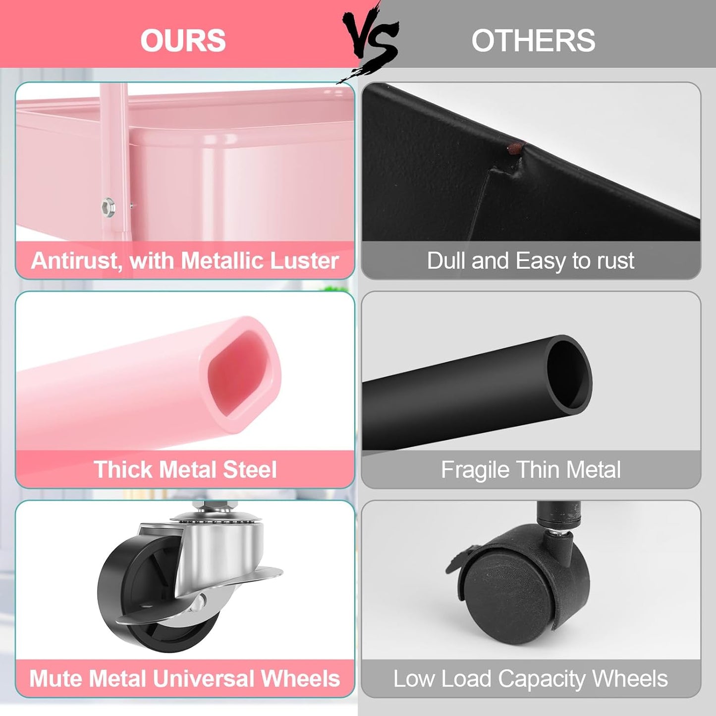 EAGMAK 3 Tier Utility Rolling Cart, Metal Storage Cart with Handle and Lockable Wheels, Multifunctional Storage Organizer Trolley with Mesh Baskets for Kitchen, Living Room, Office, Garage (Pink)