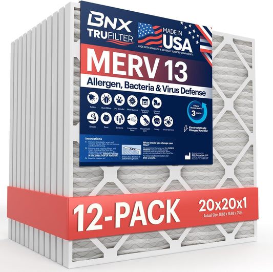 BNX TruFilter 20x20x1 MERV 13 (12-Pack) AC Furnace Air Filter - MADE IN USA - Electrostatic Pleated Air Conditioner HVAC AC Furnace Filters - Removes Pollen, Mold, Bacteria, Smoke