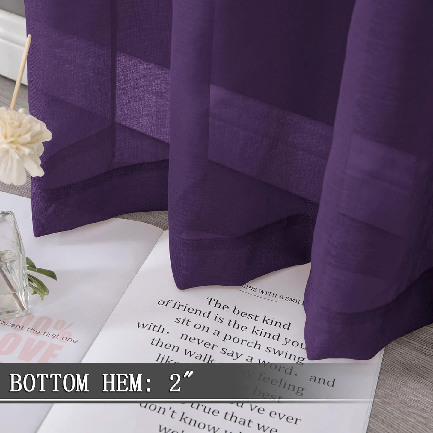 Tollpiz Short Sheer Curtains Living Room Linen Textured Curtain Sheers Light Filtering Voile Rod Pocket Curtains for Bedroom, 38 x 45 inches Long, Royal Purple, Set of 2 Panels