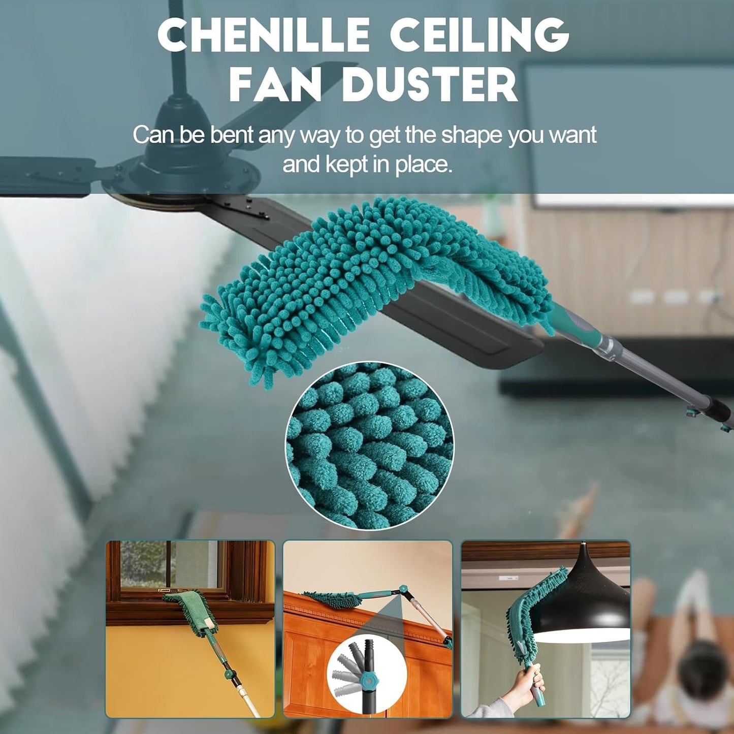 30 Foot High-Reach Duster Kit with 6-24FT Extendable Pole - High Ceiling Duster Cleaning Kit with Telescopic Pole,Cobweb Duster, Chenille Ceiling Fan Duster, Microfiber Feather Duster