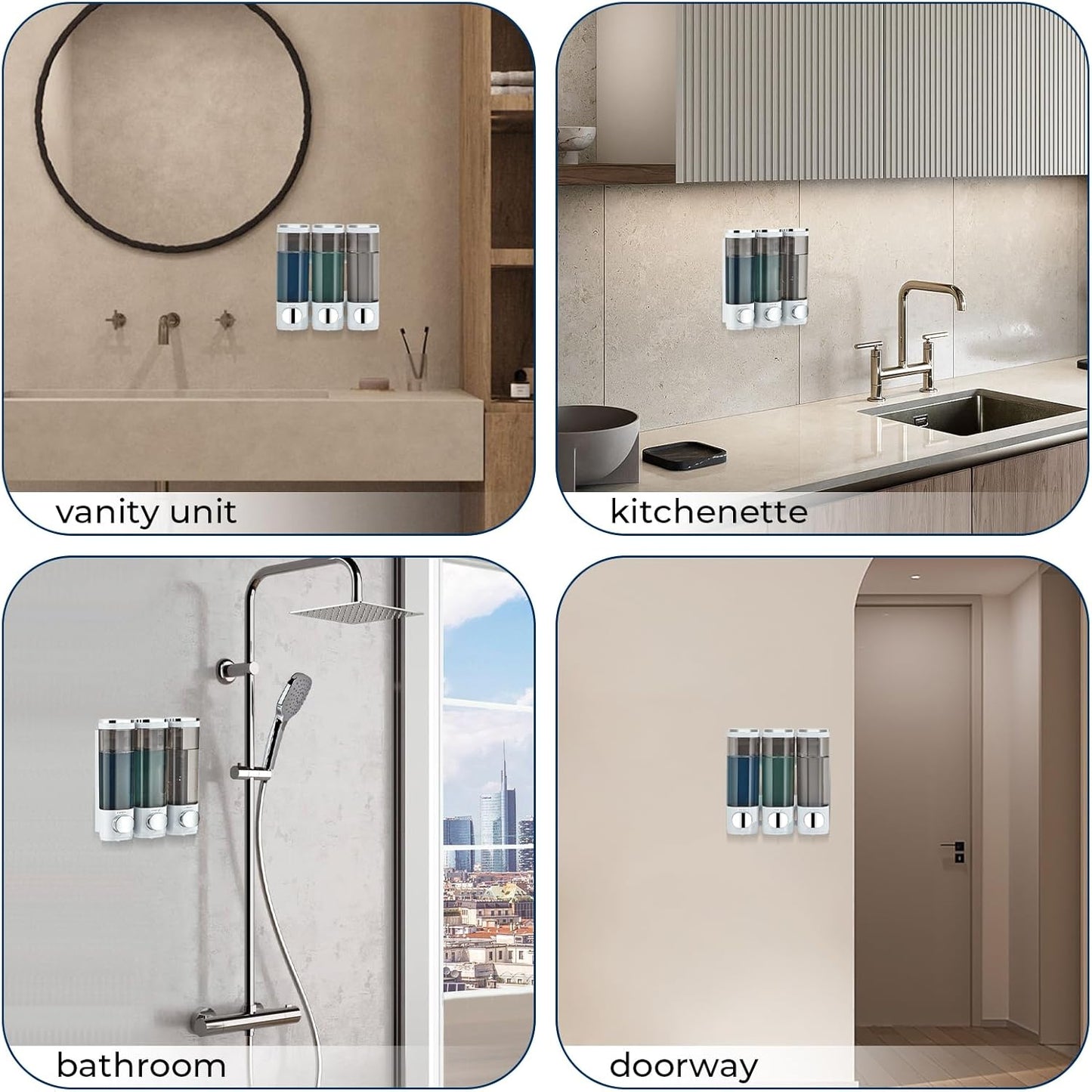 Shampoo and Conditioner Dispenser, Shower Soap Dispenser 3 Chamber No Drill Shampoo Dispenser for Shower Wall Mounted Shampoo Conditioner Body Wash Dispenser for Bathroom,Large Capacity,White