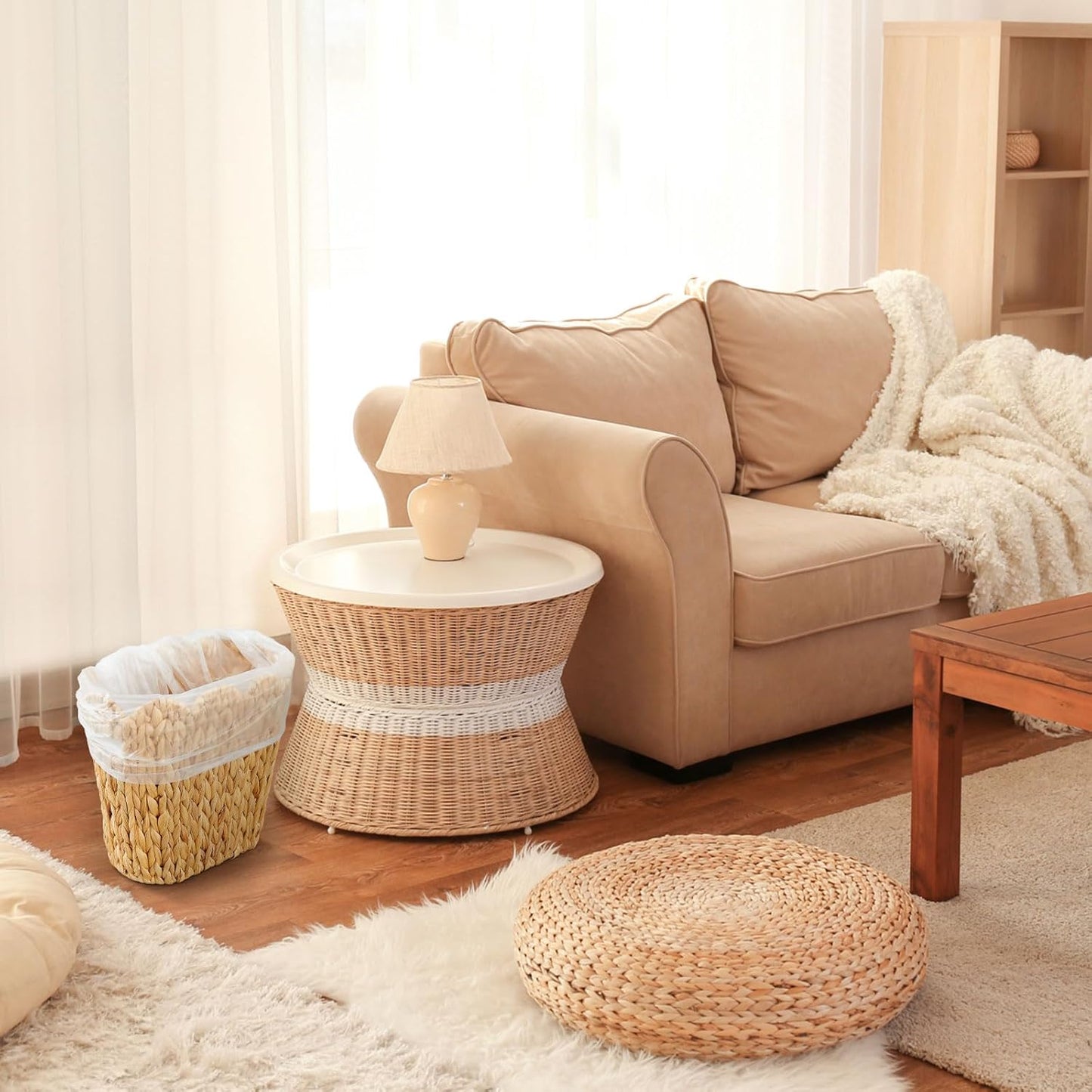 2 Pcs Wicker Trash Can with 50 Small Trash Bag Wicker Waste Woven Basket with Handles Clear Multi Use Garbage Bags for Bathroom Kitchen Bedroom (Calabash Vine,Scalloped Brim)