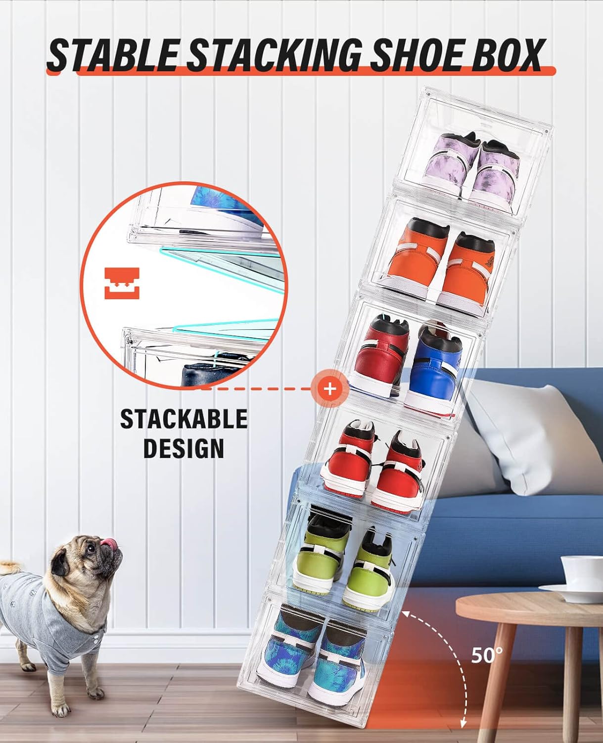 Clear Shoe Boxes Stackable 10 Pack Shoe Storage for Sneakerheads, Front Opening Shoe Organizer, Magnetic Door, Strong and Sturdy Fit for Large Size Shoes 14.96 x 10.24 x 7.87 inches