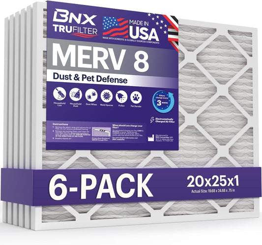 BNX TruFilter 20x25x1 Air Filter MERV 8 (6-Pack) - MADE IN USA – Dust & Pet Defense Electrostatic Pleated Air Conditioner HVAC AC Furnace Filters for Dust, Pet, Mold, Pollen MPR 600 – 700 & FPR 5