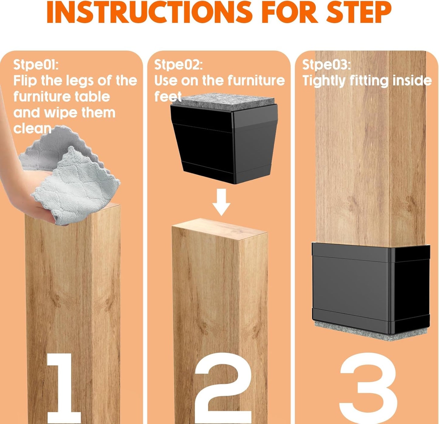 Rectangle Chair Leg Protectors for Hardwood Floors,16 PCS Silicone Covers to Protect Wood Tile Floors Felt Pads Furniture Leg Caps Reduce Noise. Easy to Move.(Black, 0.75 x 2”, Rectangle)