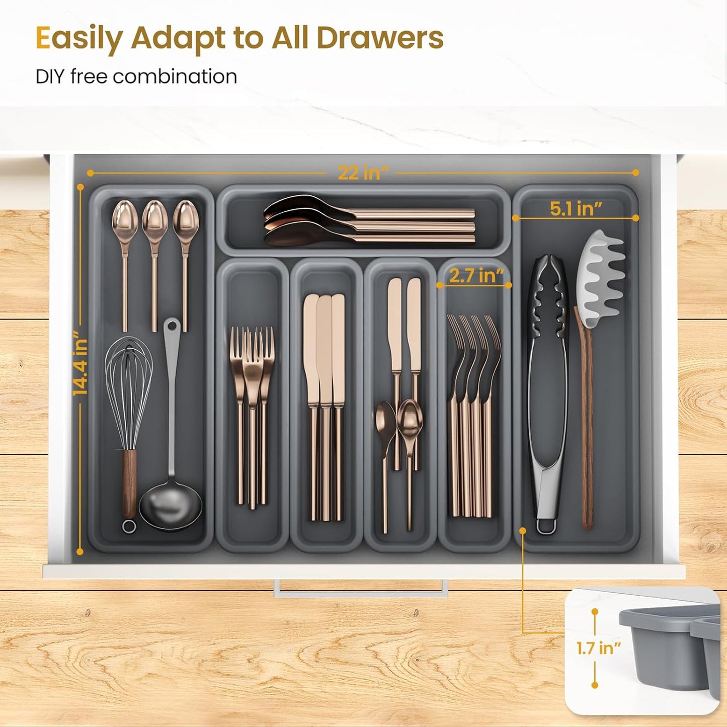 7 Pack Silicone Silverware Drawer Organizer, DIY Free Combination Kitchen Drawer Organizer, Utensil Organizer, Moisture-proof and Heat-resistant up to 200°C, Anti-slip and Environmentally (Grey)