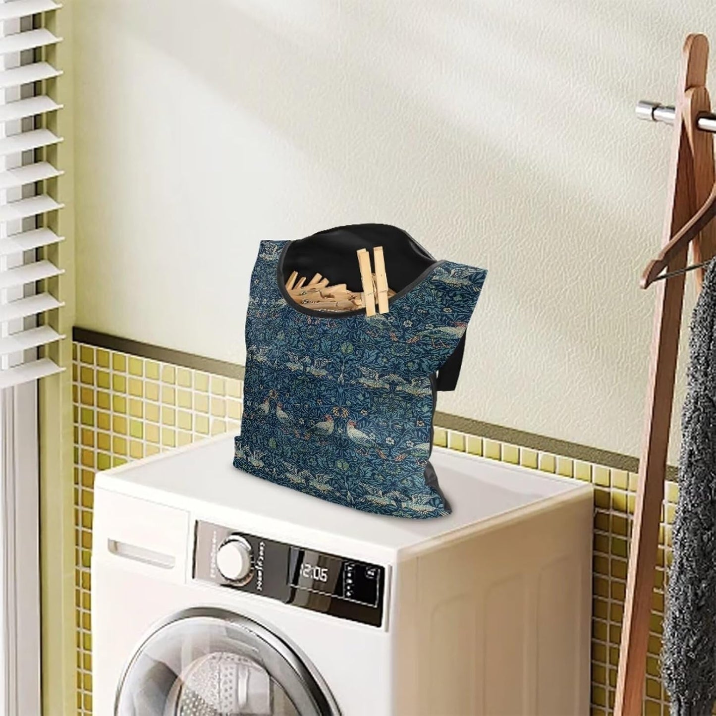 William Morris Bird Print Ultimate Clothespin Storage System 14.5"x12" - Features Oversized Opening & Extended 5.5" Hanging Strap - Polyester Construction for Outdoor Use Decor