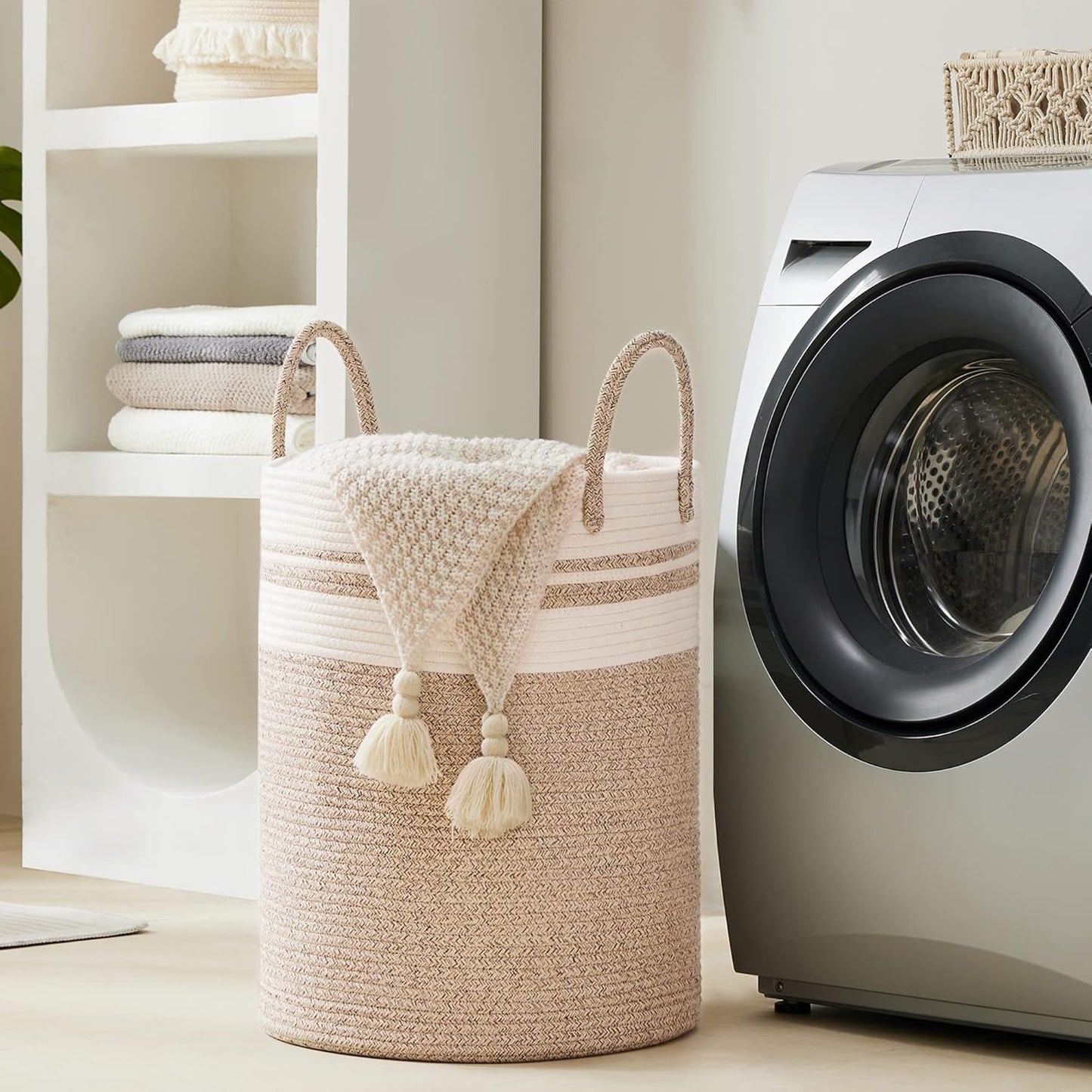 YOUDENOVA Woven Rope Laundry Hamper Basket, 100L Tall Laundry Basket, Baby Nursery Hamper for Blanket Storage, Clothes Hamper for Laundry in Bedroom-Extra Large-Brown