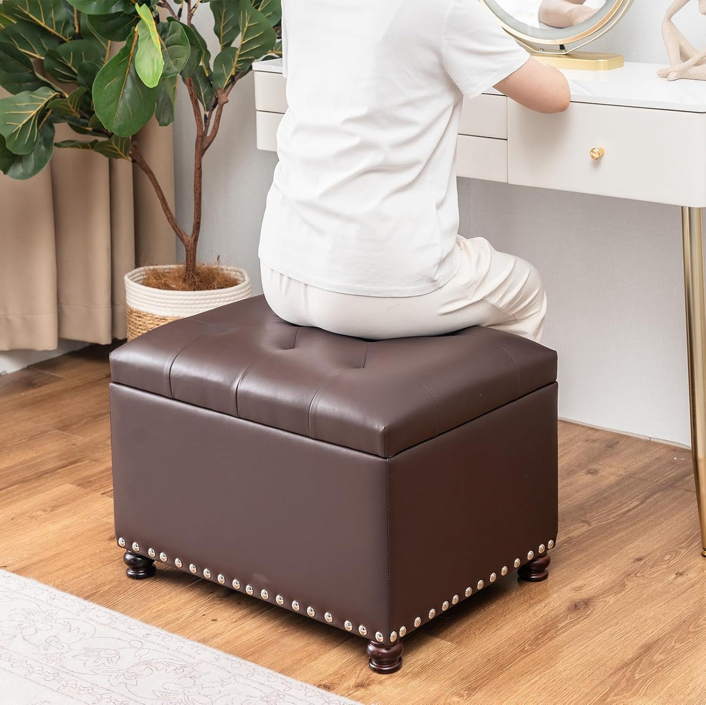 Joveco Faux Leather Storage Ottoman Bench Rectangle 24 Inch Foot Rest Ottomans (Brown)