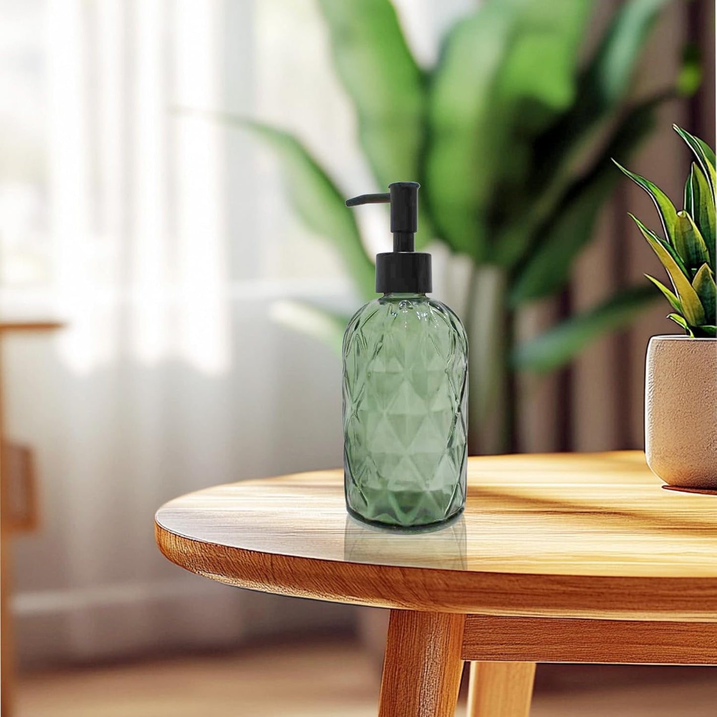Green Glass Soap Dispenser with Black Plastic Pump, 12Oz Bathroom Clear Liquid Lotion Bottles Refillable Dish Dispensers with Diamond Design, Hand Dish Dispenser for Kitchen