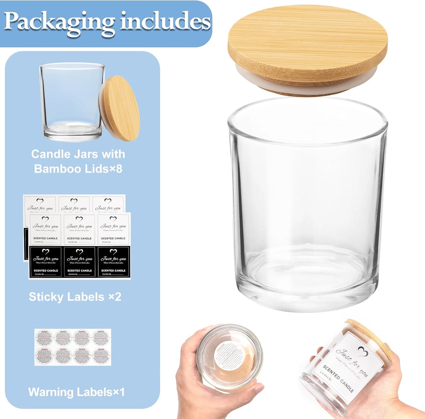 CONNOO 8 Pack 14 OZ Clear Glass Candle Jars with Bamboo Lids for Making Candles, Large Size Empty Candle Tins with Sticky Labels - Leakproof & Dishwasher Safe.