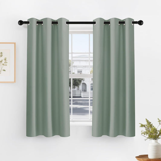 PONY DANCE Sage Green Short Blackout Curtains for Kitchen 45 Inch Length, Thermal Insulated Grommet Curtains for Bedroom, Black Out Drapes for Bathroom Small Window (2 Panels Set, 34 inches Wide)