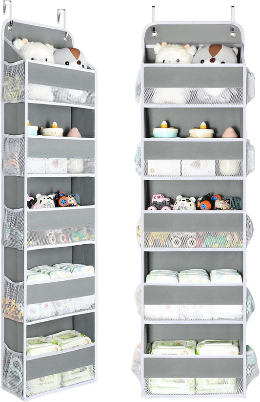 Yecaye 2 Pc Over The Door Organizer with 5 Bins 10 Side Pockets, 44lbs Load Hanging Bathroom and Bedroom Organizer, Behind The Door Hanging Organizers for Nursery Newborn Baby Essential Stuff Grey