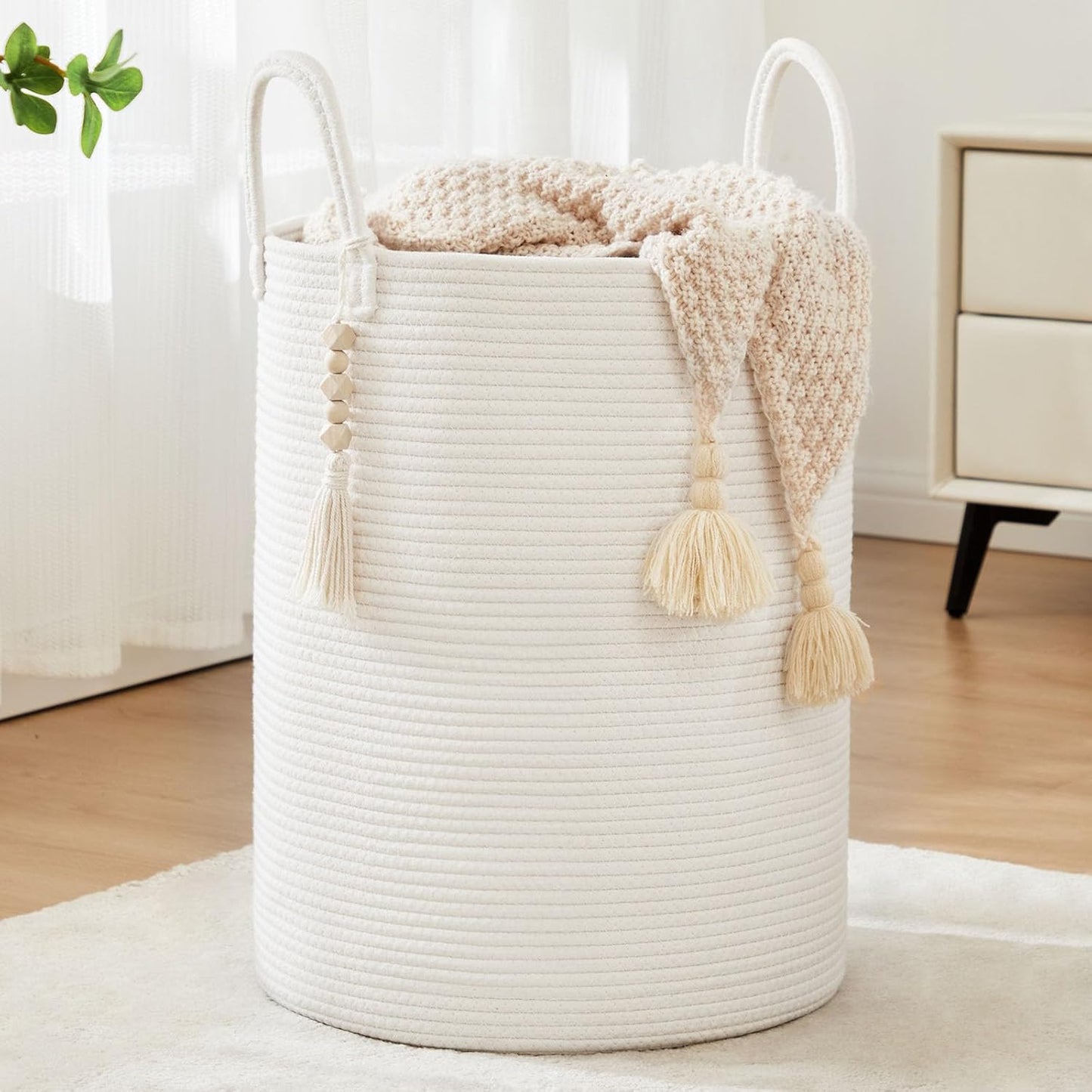 Fiona's magic Woven Rope Laundry Hamper, Tall Laundry Basket for Blanket Storage, Large Dirty Clothes Hamper for Toys, Decorative Baby Nursery Hamper for Bedroom, Living Room - White, 58L