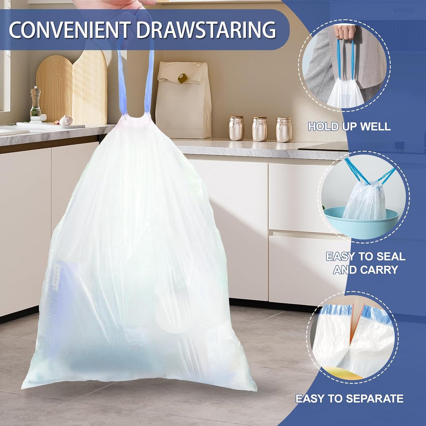 150 Count 8 Gallon Trash Bags Drawstring - 1.2 Mil Heavy Duty Medium Garbage Bags Unscented, 30 Liter Thick Plastic Trash Can Liners for Home Kitchen Bathroom