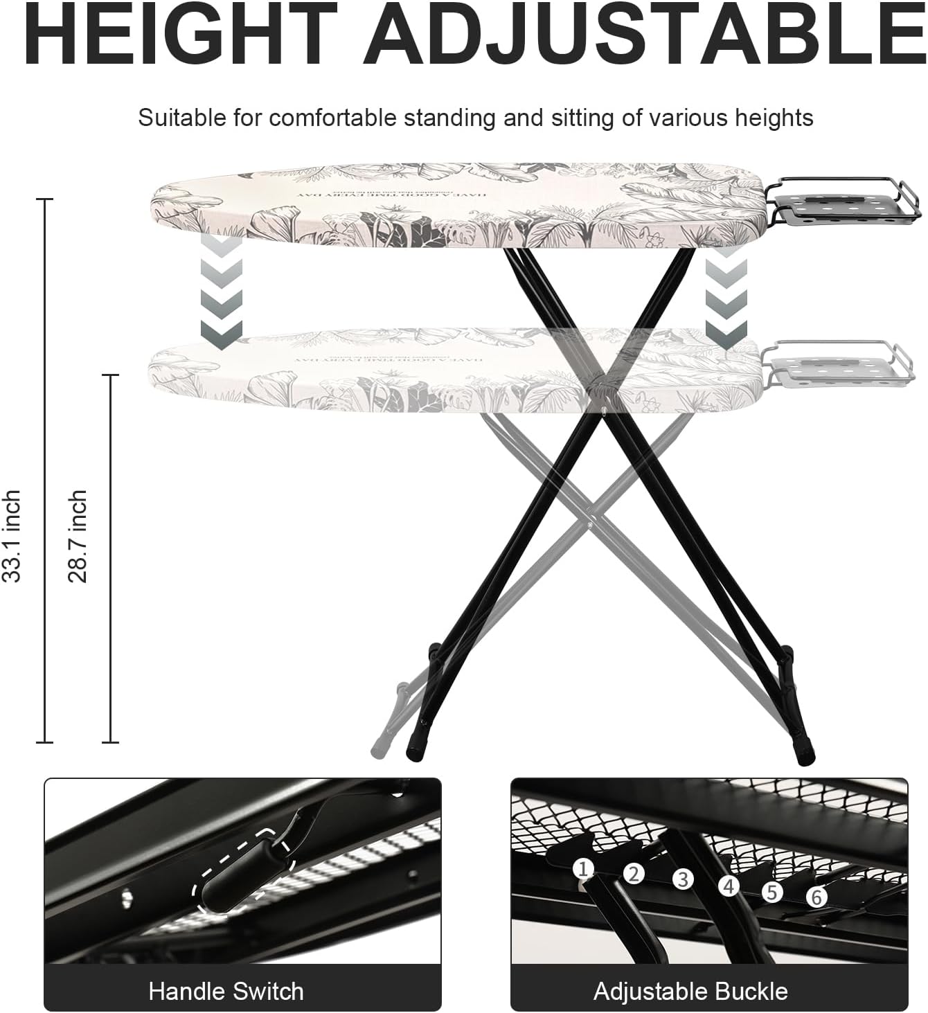 Ironing Board,Foldable Ironing Board Adjustable Height Compact Iron Board Thick Steel Tube Iron Board with Holder,Replacing Cloth Cover and Mini Handheld Gloves(Leaf Print)